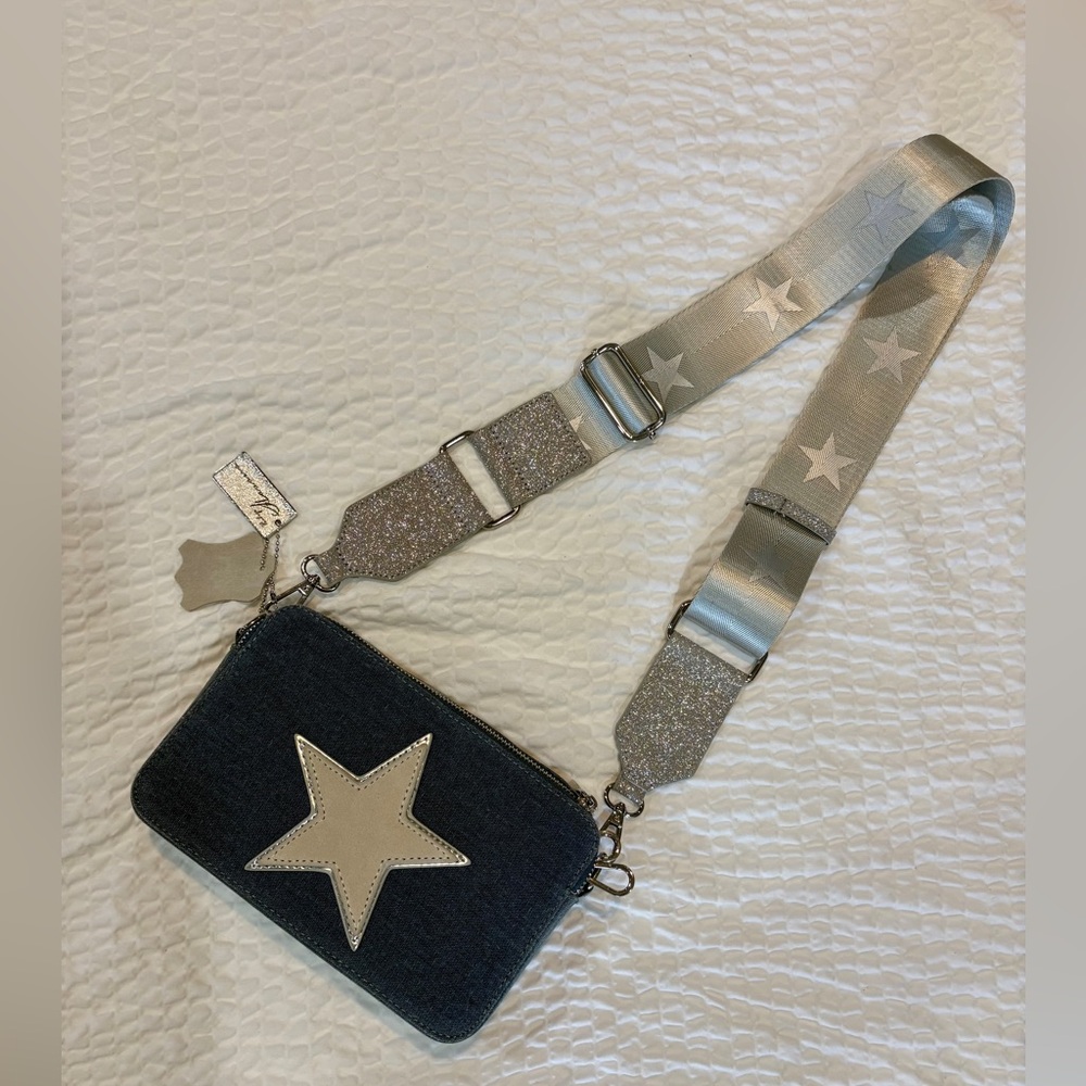 Vintage Havana Dark Blue Star Crossbody with Silver Glitter Strap